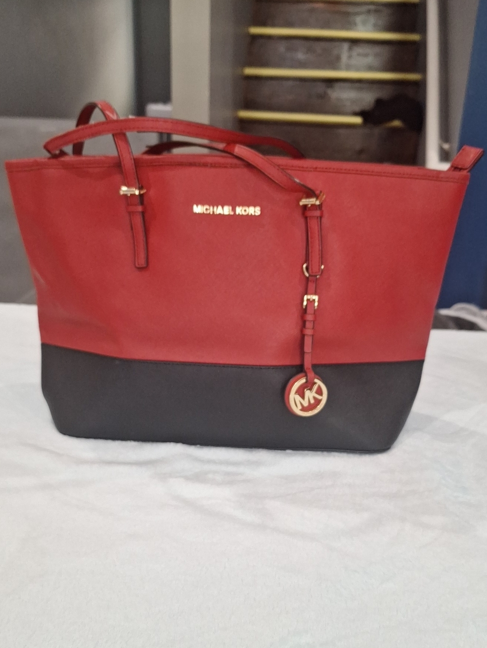 Michael Kors Red and Black Two-Tone Saffiano Tote